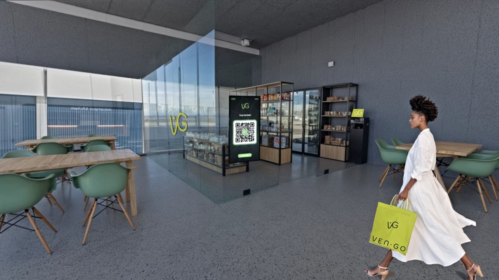 Referencia visual de VEN·GO: tienda integrada en una zona común, con estanterías de madera y un punto de acceso.